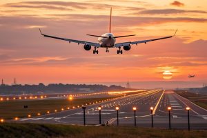 Airplane landing on a road at sunset